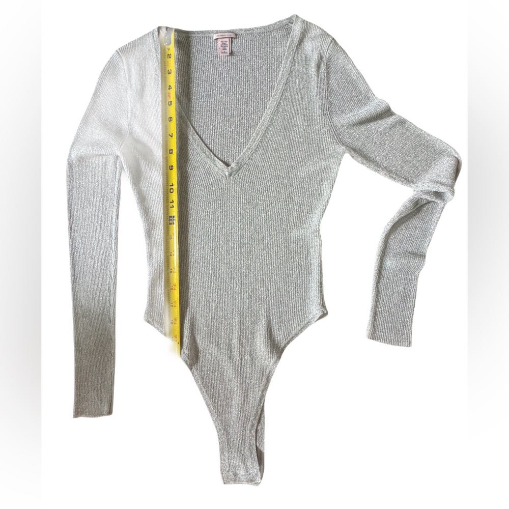Victorias Secret VS Medium Silver sparkle Long Sleeve deep V neck Bodysuit